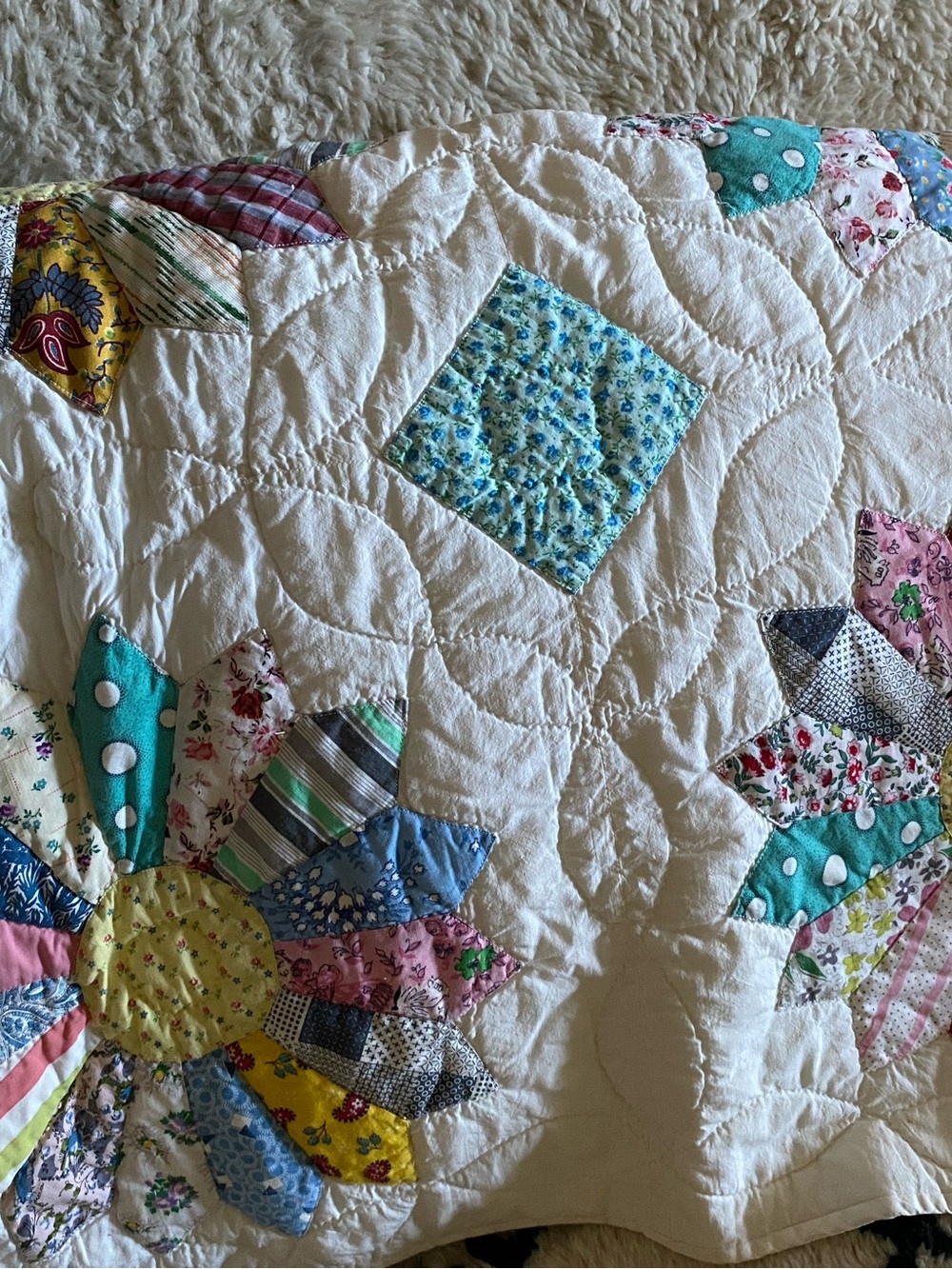 Patchwork Floral handmade Quilt - White with Multicolor Accents